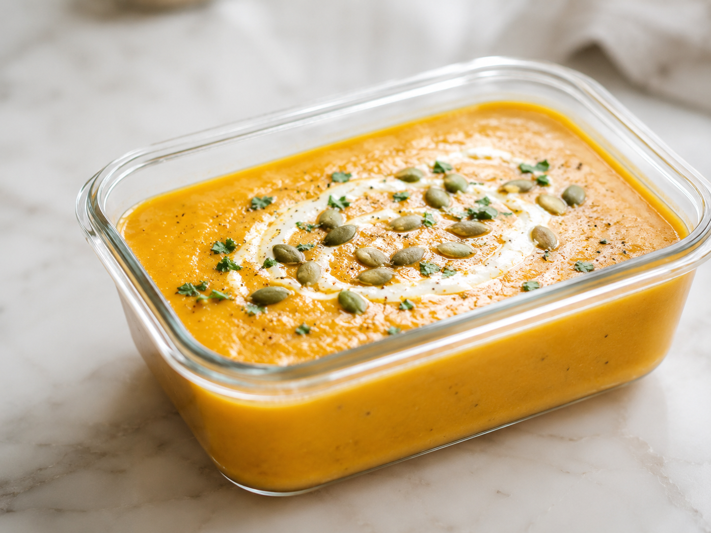 Sopa cremosa de abóbora em pote de vidro, servida com sementes e toque de creme