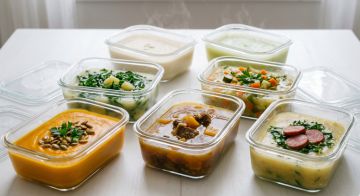 Marmitas de sopinhas organizadas para a semana